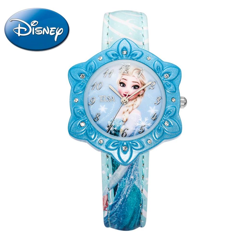 

Disney Frozen Elsa Princess Little Girl PU Band Japan Quartz Watch Kids Hexagonal Snowflake Buckle Waterproof Watches Baby Gift