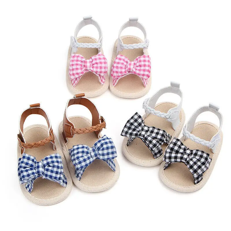2019 Newborn Baby Girl Soft Sole Crib Shoes Infant Toddler Plaid Bowknot Sandals First Walkers Summer Princess Shoes Dress 0-18M