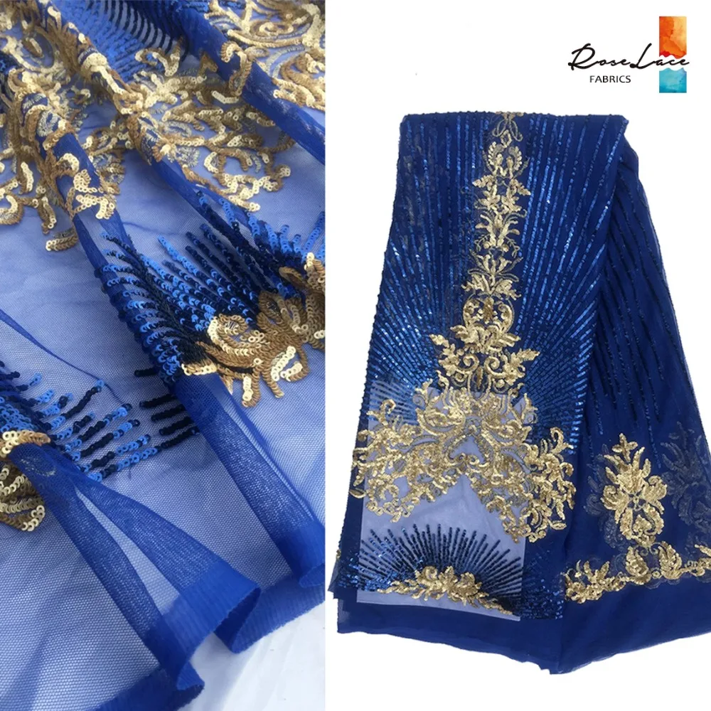 

Sequined French African Mesh Net Lace Royal Blue Nigerian Wedding Dress Lace Material With Gold Sequines Swiss Voile Lace Fabric