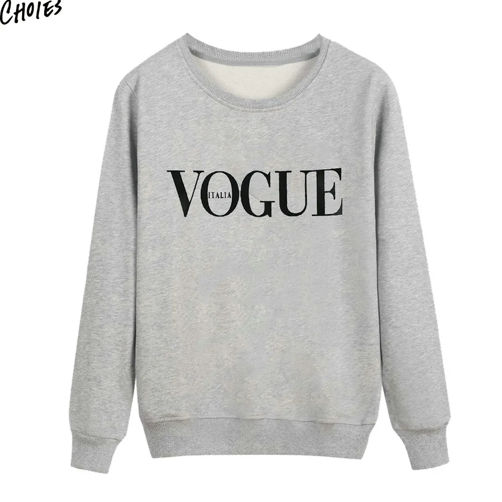 

2017 Pullover Gray VOGUE Letter Print Front Autumn Sweatshirt Women Long Sleeve Round Neck Simple Casual Top
