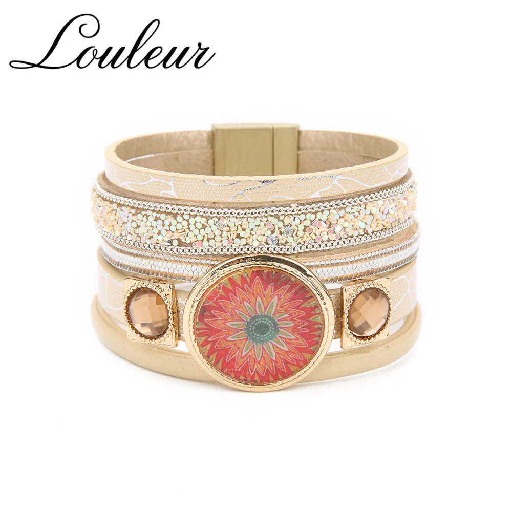 

Louleur Bohemian Ceramic Beads Wide Leather Bracelets For Women Men Colorful Crystal Multilayer Charms Wrap Bracelets & Bangles