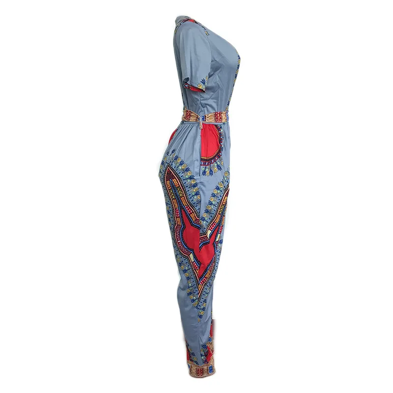 Waistbanded Slim Fitted Bodysuit 2018 autumn women's digital printing jumpsuit waist straps jumpsuit long Bohe onesies Fashion
