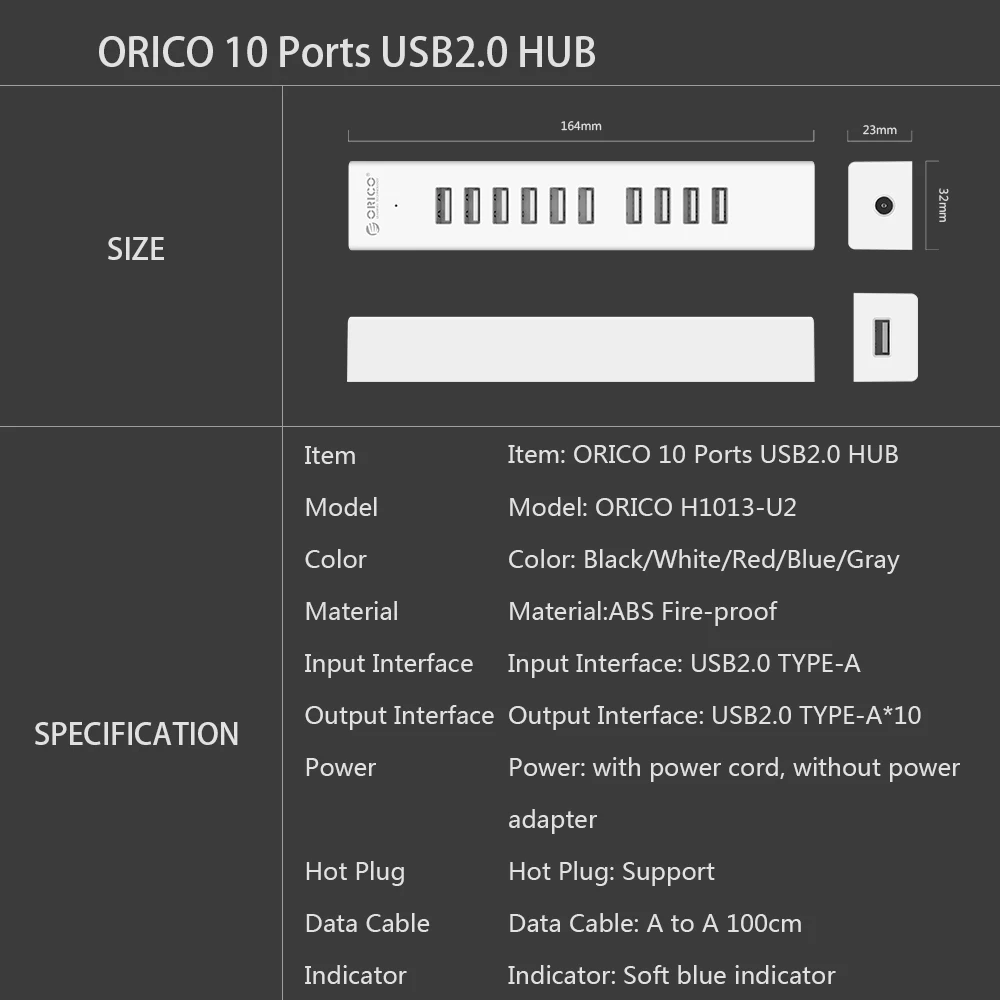 Высокоскоростной концентратор USB 2,0 ORICO с 10 портами, мультиразветвитель, адаптер питания для ноутбука MacBook, ПК с кабелем передачи данных 100 см