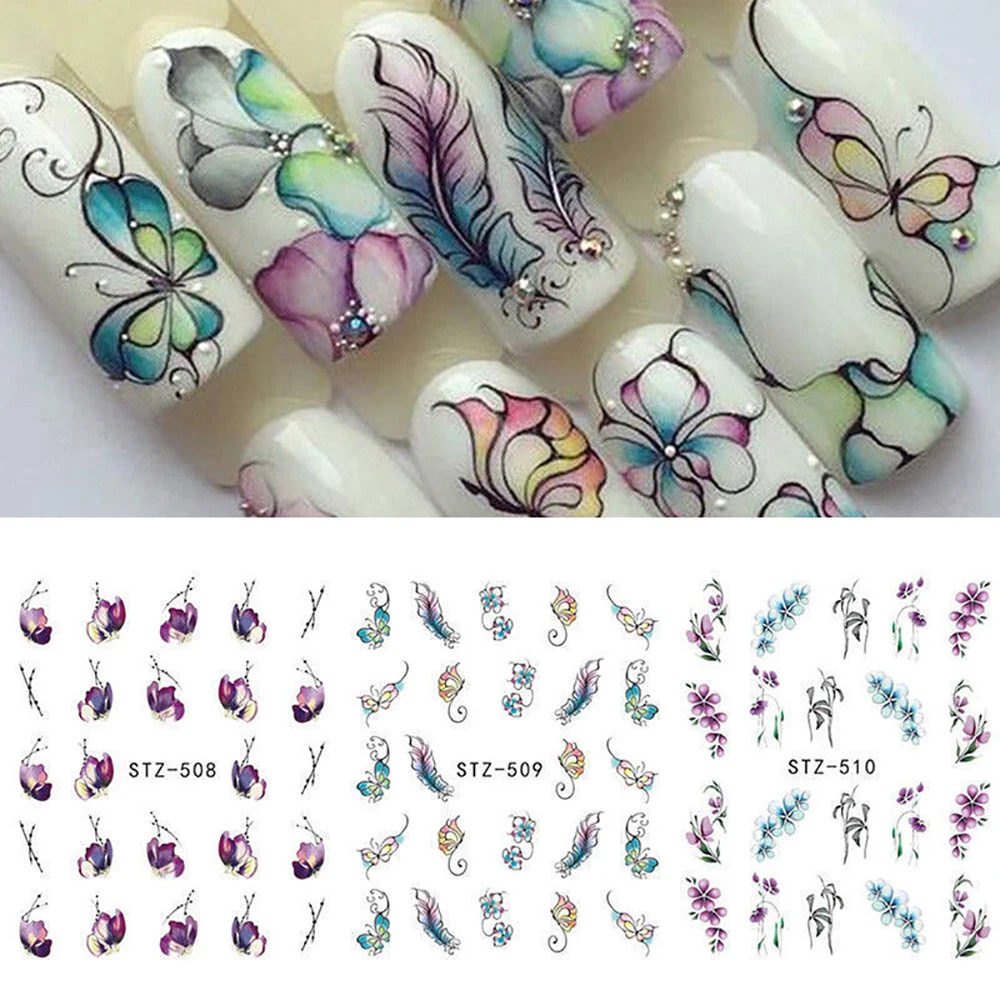 

6 Sheet/lot Flowers Leaves 3D Nail Art Water Transfer Stickers Nail Design Marble Moon Nail Accessories for Nails Decorations