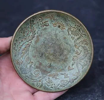 

100MM/3.9"collect China Bronze Basso-relievo Arabesquitic Animal ZodiacDragon Phoenix 'Fu' Tray Plate Hollowware Small Dish 318g