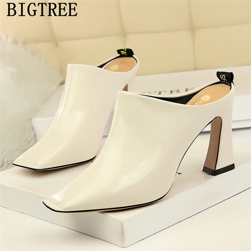 

patent leather square head bigtree shoes mules shoes women thick heel office shoes women pink heels tacones altos mujer sexy