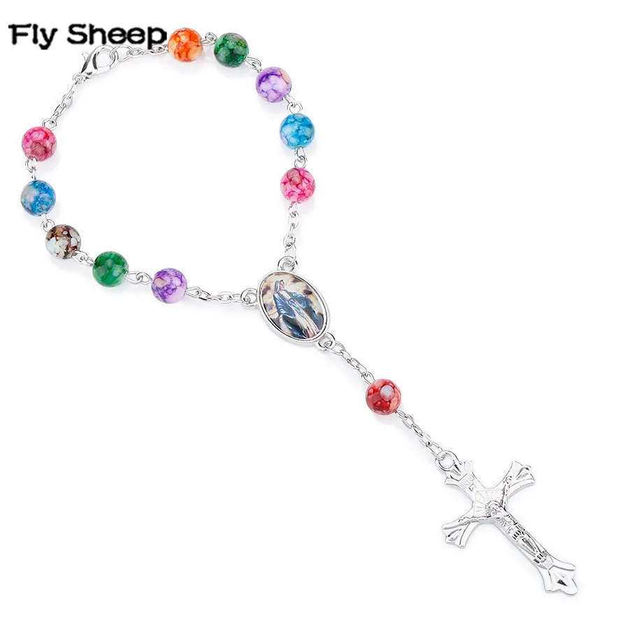 Красочные бисерные женские католические четки браслеты христианские акриловые бусины крест ювелирные изделия Девы Марии центральный браслет