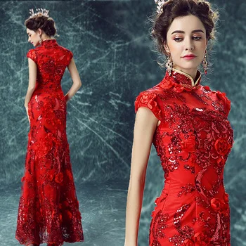 modern chinese oriental women long lace red traditional wedding qipao dresses cheongsam embroidered designer plus size mermaid
