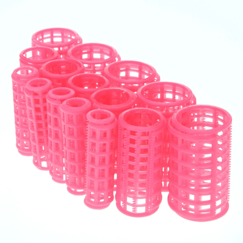 15pcs/set Pink Plastic Large Grip Hairdressing Hair Roll Roller Curlers