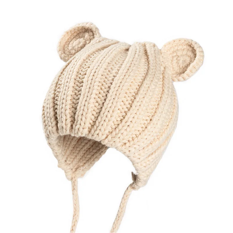 Вязанная зимняя детская шапка с ушками, мультяшная детская шапочка на шнуровке для От 1 до 3 лет, 5 цветов - Цвет: Beige