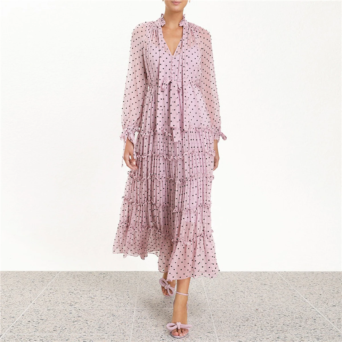 

Jastie Boho Chic Neck Tie Dress Polka Dot Print Midi Dresses Ruffle Hem Casual Women Dress 2019 Summer 2 piece Strap Dresses