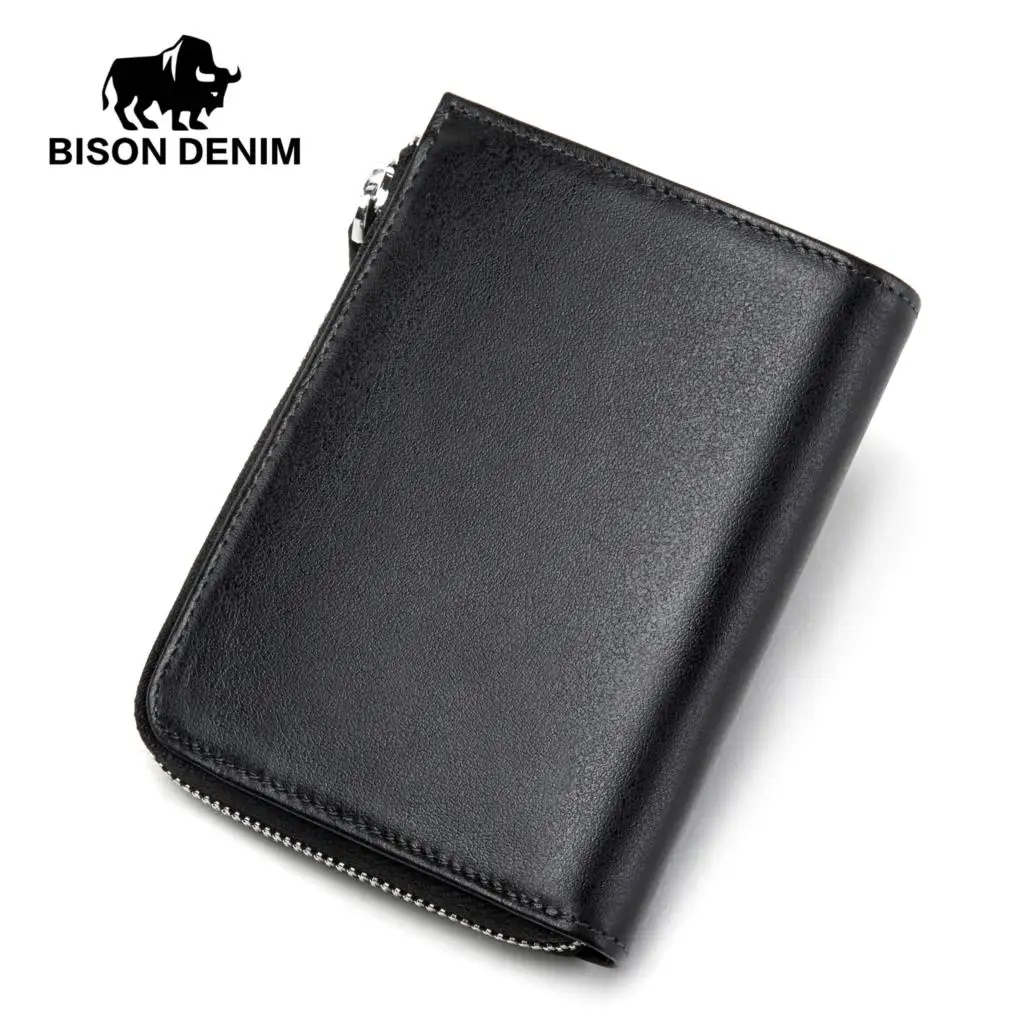 Мужской кошелек BISON DENIM из коровьей кожи с карманом для монет на молнии держатель