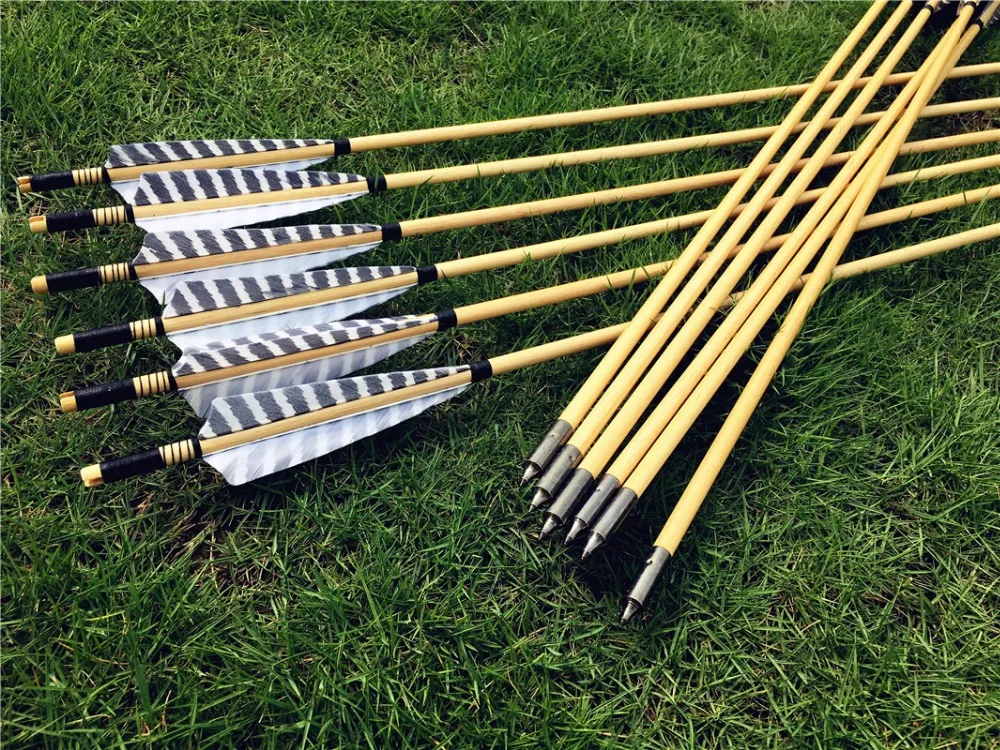 12PK Gray Stripe Wooden Arrows Self Nock for Hunting Handmade Wood Cedar Arrow | Спорт и развлечения