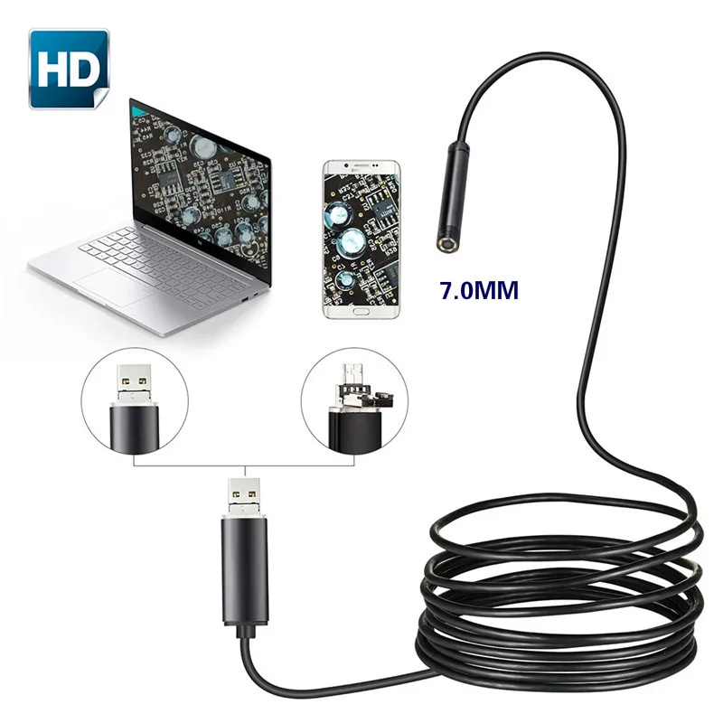 USB-эндоскоп 2 в 1 7 мм 480P HD гибкая трубка и бороскоп Android для проверки микрокамера ПК