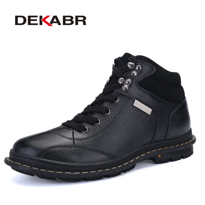 Мужские ботинки из натуральной кожи DEKABR, черные зимние брендовые водоотталкивающие рабочие ботинки с коротким плюшем, большие размеры 37-47 - Цвет: Black