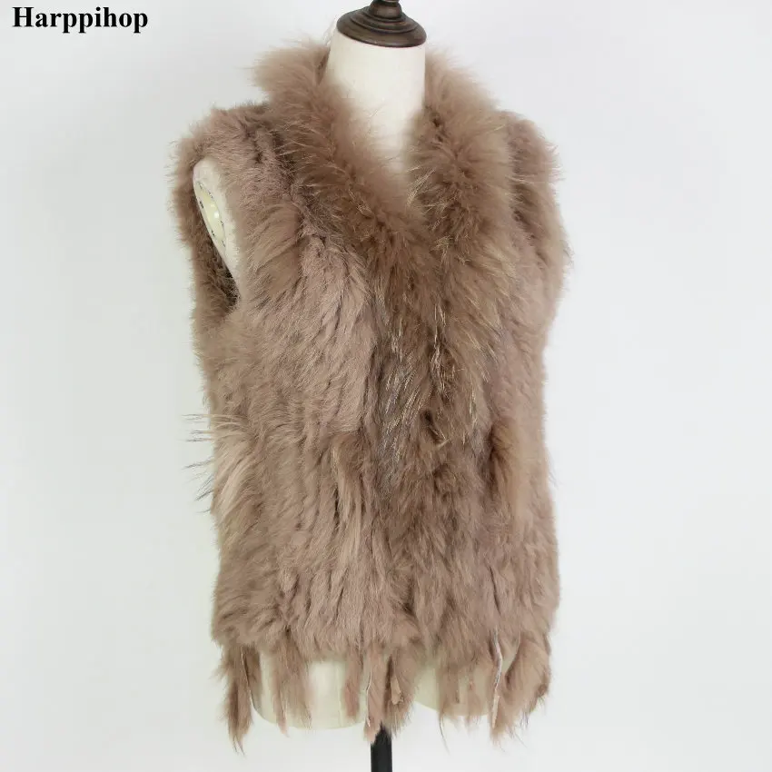 Женский жилет из натурального кроличьего меха Harppihop Трикотажный с воротником