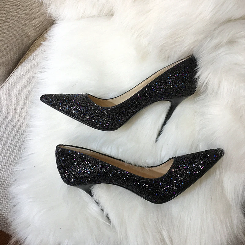 

2019 new pointed thin was thin sequined sequins high heel stiletto sexy ladies single shoes