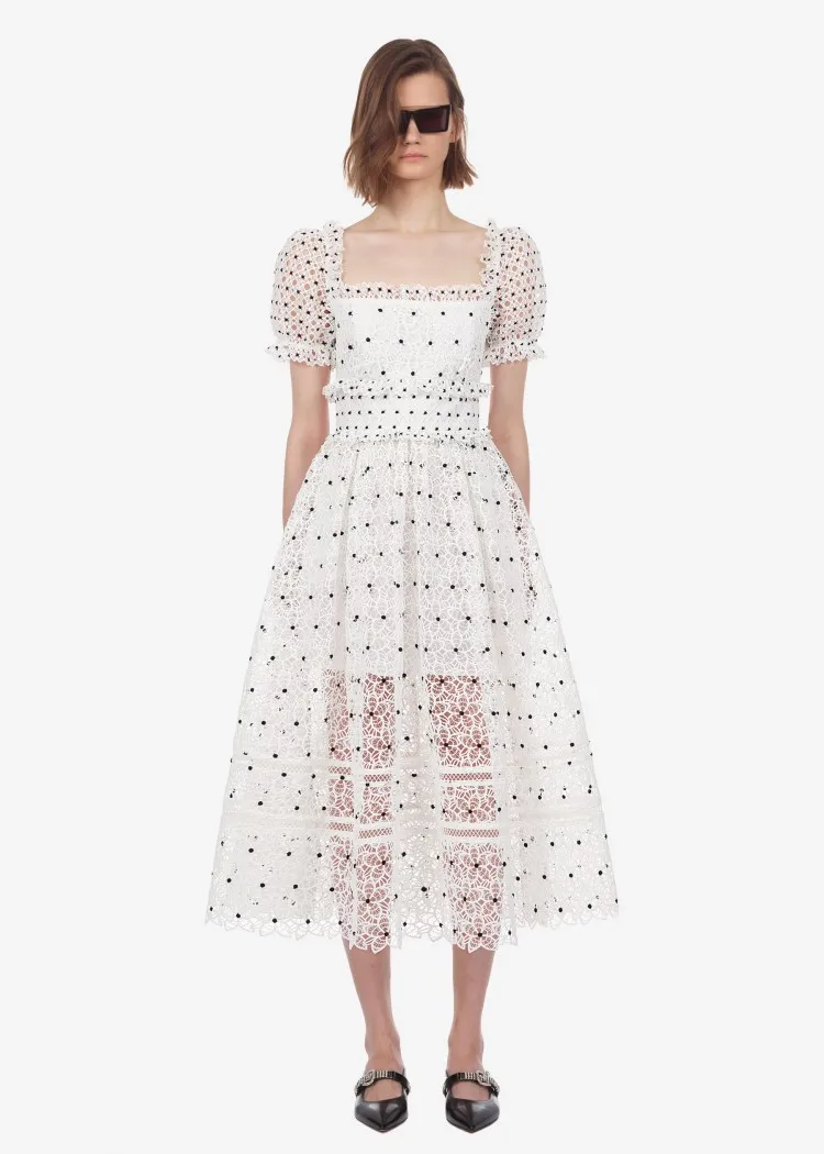 

Women high quality white lace dress Summer sexy hollow-out dress A403