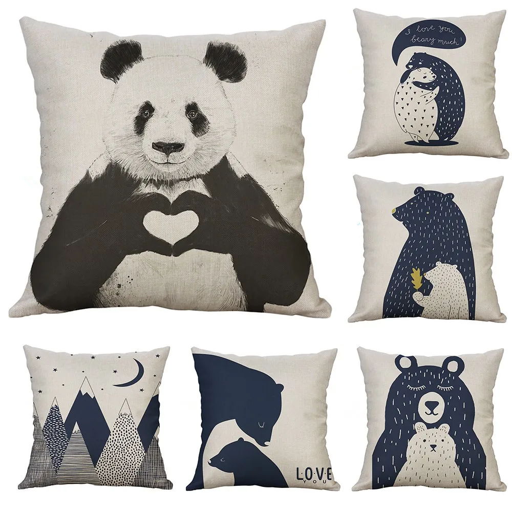 

Cute Panda Print Pillow Case Stylish Blue Abstract Cartoon Cool Bear Linen Pillow Case Car Decoration cojines decorativos/para