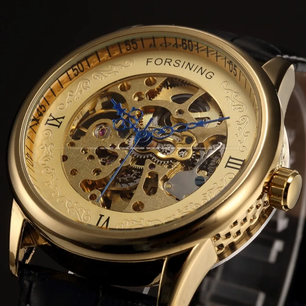

Forsining 2015 Series Blue Special Hands Golden Die-Casting Case Watch Men Top Brand Luxury Automatic Mechanical Watch Clock Men