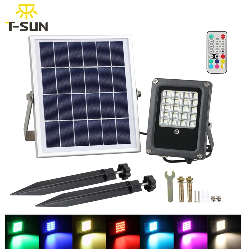 T-SUNRISE Solar Flood Light 10W RGB Outdoor Lighting Waterproof IP65 LED Flood Light with Solar Panel LED Spotlights Garden Lamp