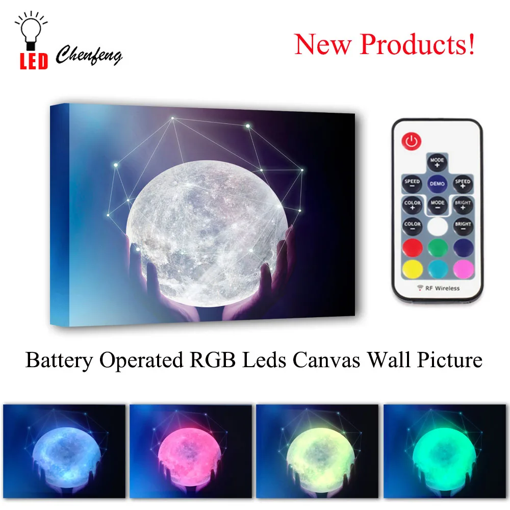 

Colorful RGB Leds Canvas Wall Decor hands with moon Picture Remote control Canvas Printing Illuminated painting for kids Gift