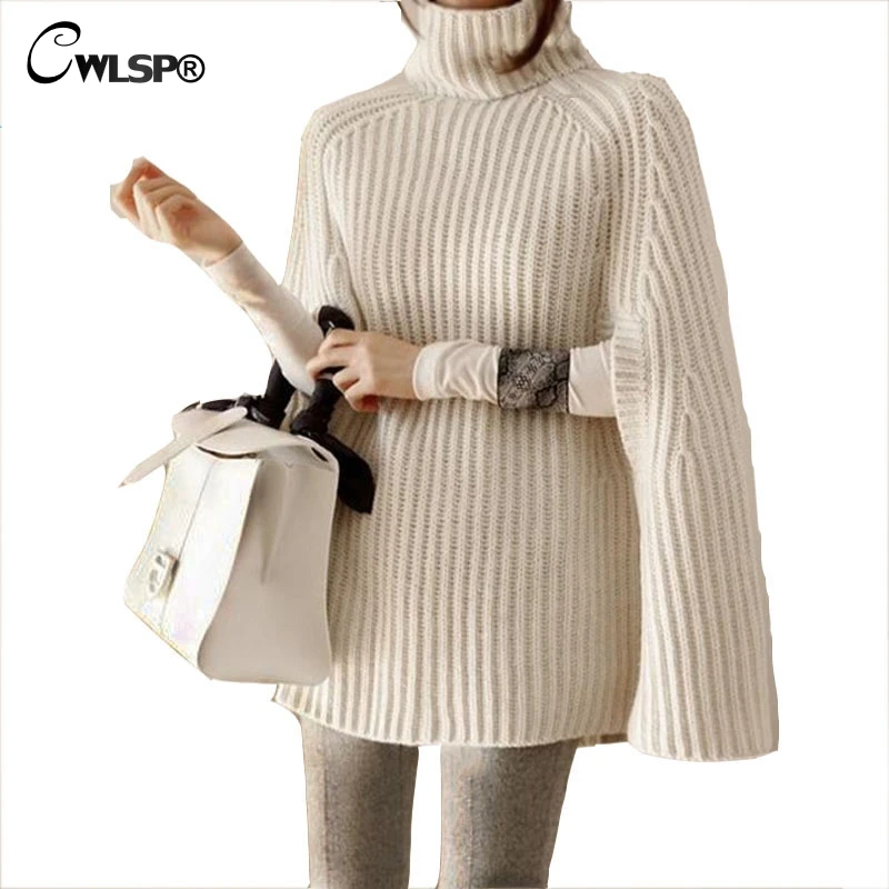 

CWLSP Christmas Turtleneck Cloack Sweater for Women Autumn Winter Thick Pullover Female Pull femme hiver Knitted Poncho Sweater