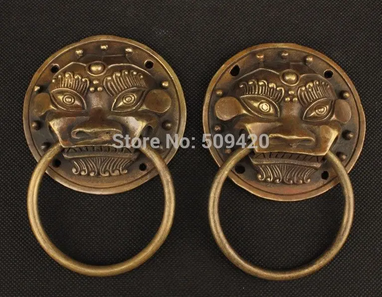 

12cm Chinese China Dynasty Palace Bronze Pair Lion Knocker Statue Sculpture