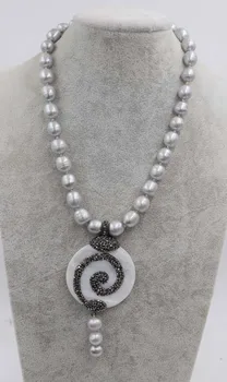 

freshwater pearl egg gray + white shell flower pendant necklace 18inch FPPJ wholesale beads nature