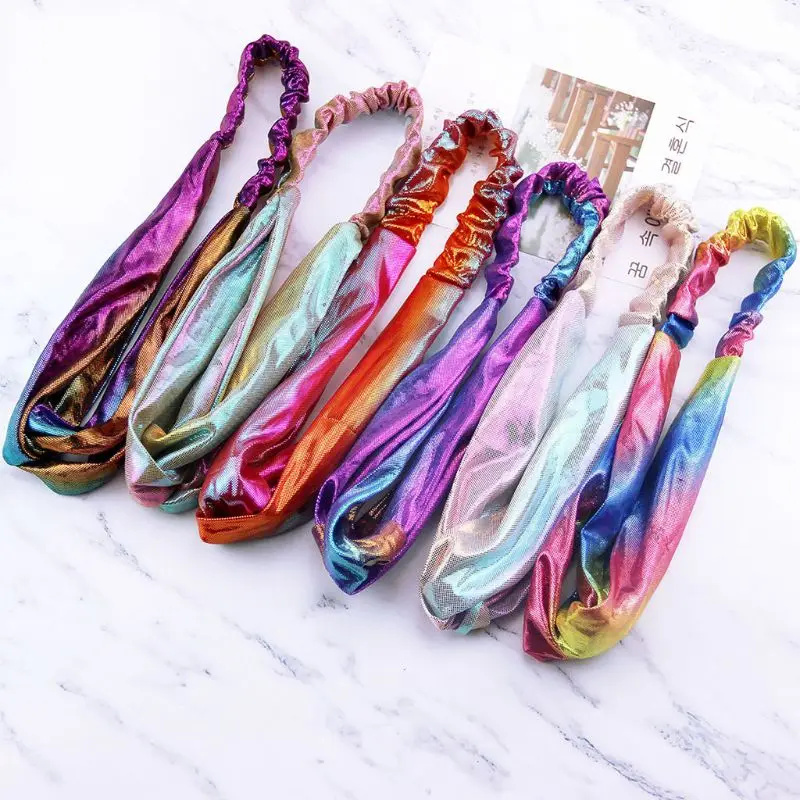 

Women Girls Glitter Metallic Rainbow Headband Stretchy Mermaid Gradient Color Hair Band Double Band Twist Knotted Dancing Turban