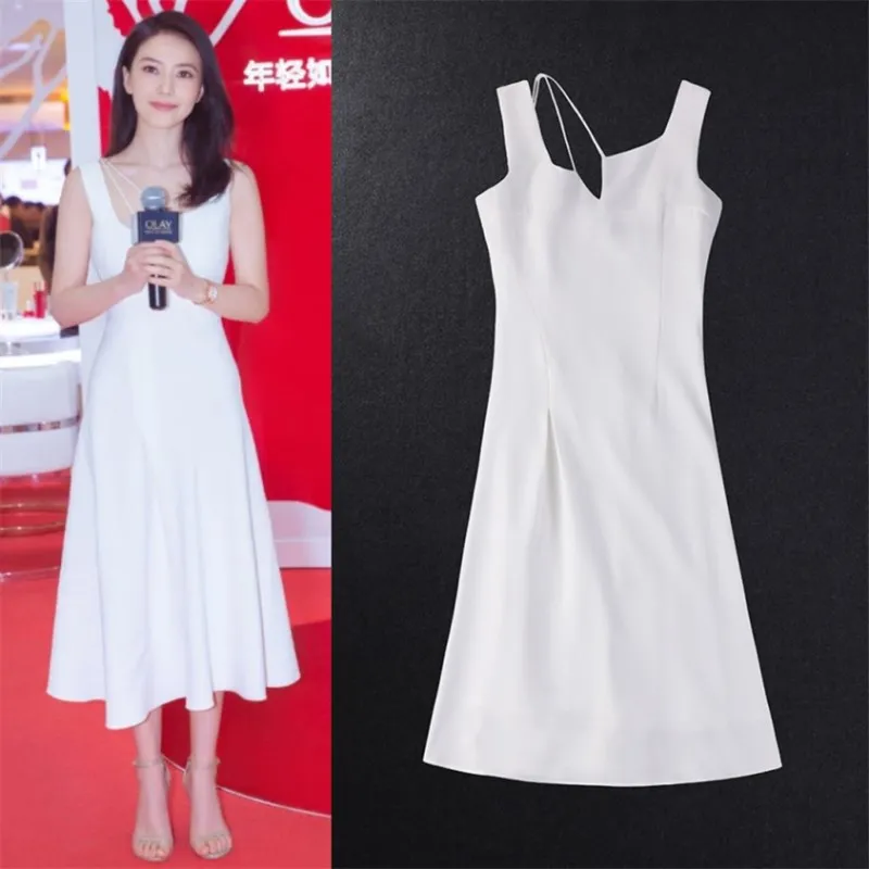 

2019 Spring European High Round Star The Same Fashion Elegant Noble Dress Skinny A Dress Women Square Collar Spaghetti Strap