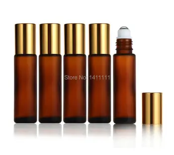 

Factory price Frosted 10ml 1/3OZ Thick Amber Brown Glass Roll On Essential Oils Bottle + Metal Roller Ball - Gold cap 2000PCS