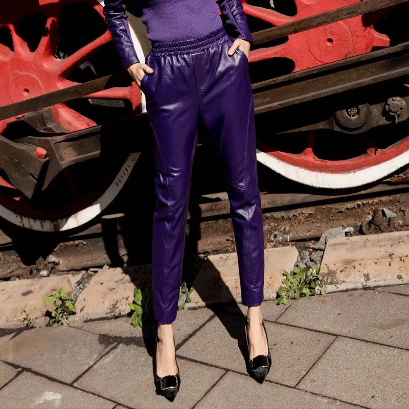 Large Size Sheepskin Women Genuine Leather Pants New Ankle-Length Pencil Pants Elastic Waist Luxury Real Leather Trousers Lady