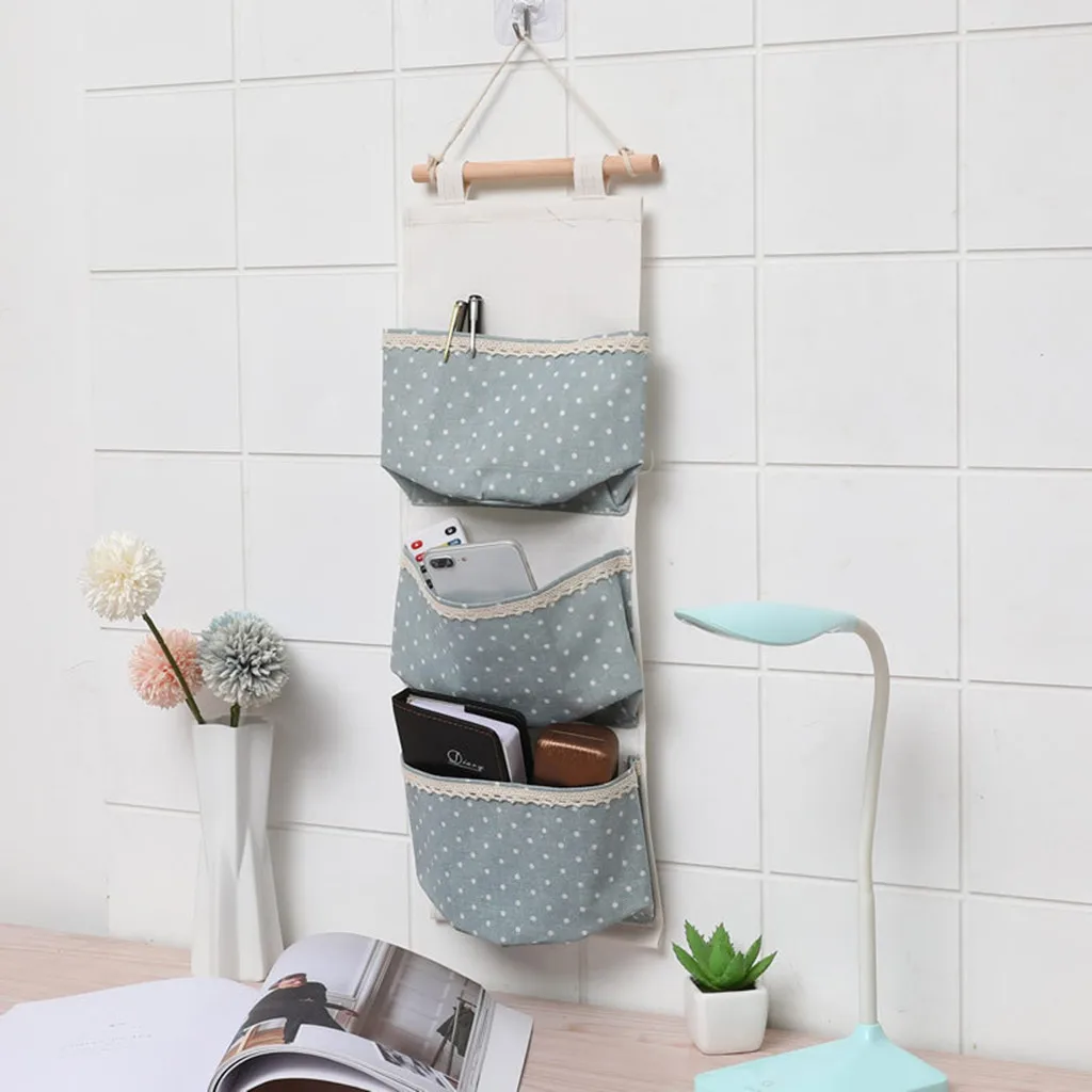 3 Pockets Wall Hanging Storage Bags Cotton Linen Door Organizer Waterproof Pouch Bedroom Home Office Container Decoration