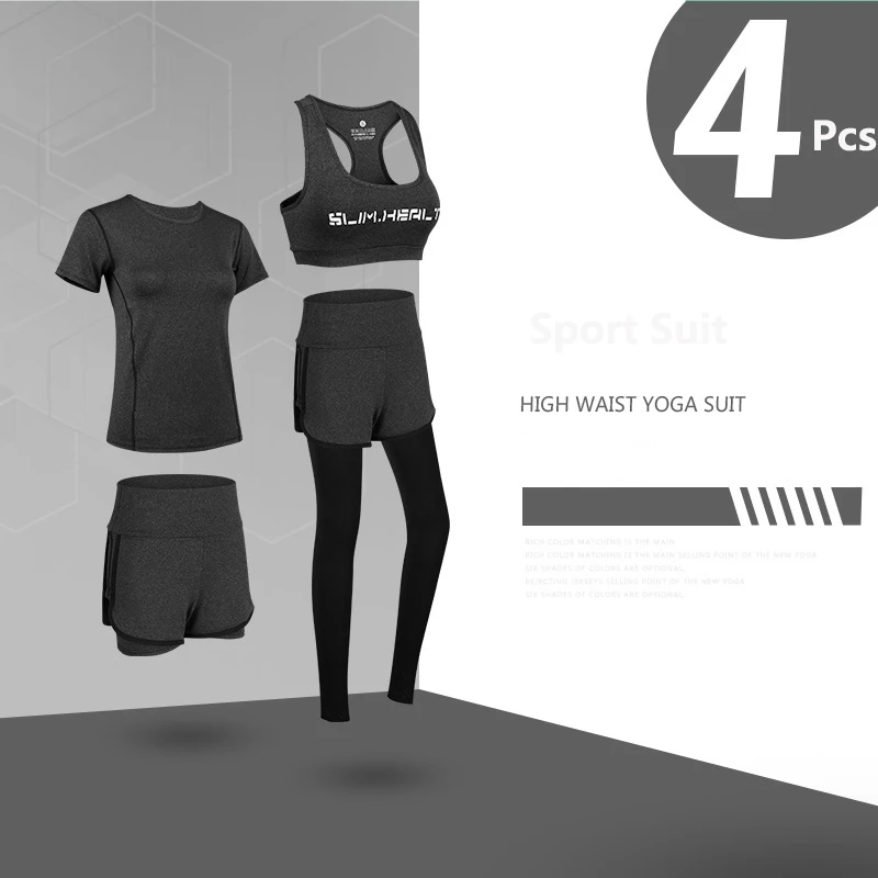 Женский спортивный костюм, однотонная спортивная одежда, комплект для йоги, эластичный спортивный костюм для фитнеса, тренировки, уличная женская спортивная одежда, дышащая спортивная одежда - Цвет: Sportwear 4Pcs-BLA
