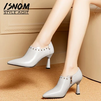 

ISNOM Cow Leather Pumps Women Pointed Toe Footwear Fashion Pvc Unusual Heels High Shoes Female Office Stud Shoes Woman 2019