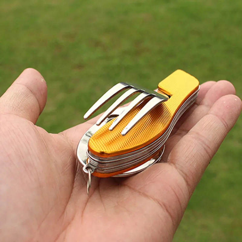 4 en 1 tenedor exterior/cuchara/cuchillo/abrebotellas de Camping de acero inoxidable plegable Kits de bolsillo para supervivencia de senderismo vajilla de viaje