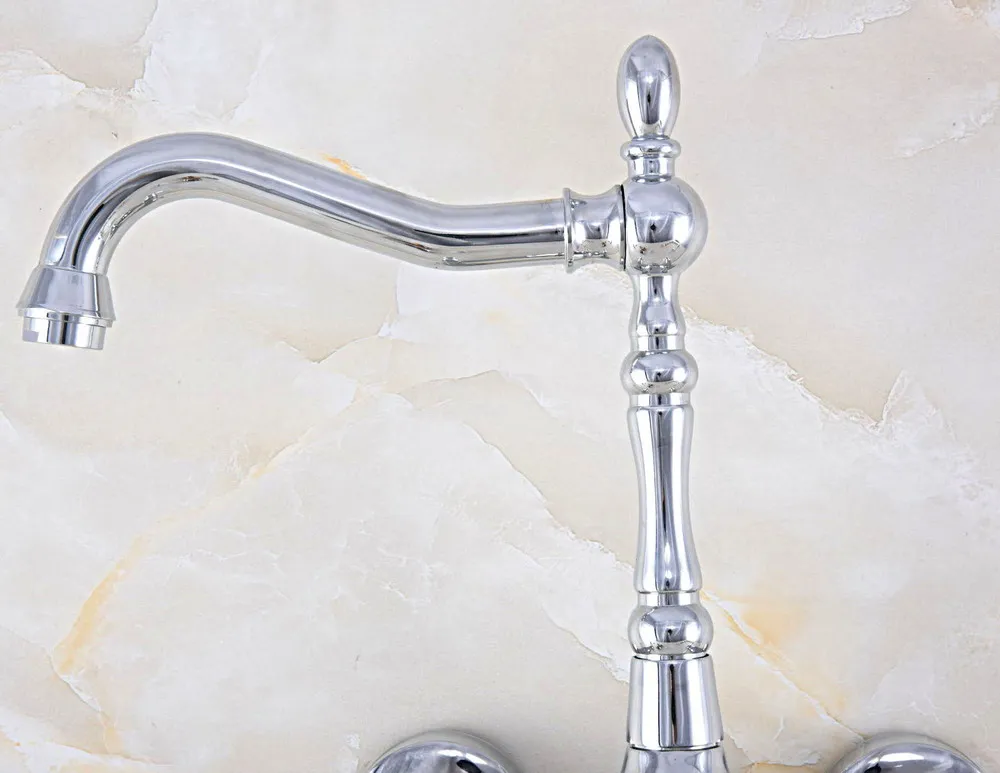 Polished Chrome Brass Wall Mount Kitchen Sink Faucet Swivel Spout Mixer Tap Dual Ceramics Handles Levers anf563