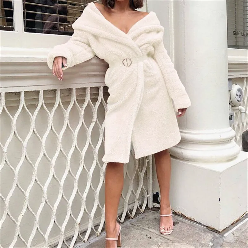 

Women Loose Fluffy Fleece Fur Warm Sweater Fashion Ladies Long Sleeve Winter Thick Long Cardigan Sweater Sexy V-neck Sweaters
