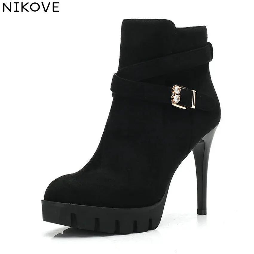 

NIKOVE 2019 Women Platform Thin High Heels Boots Zipper Ankle Boots Spring Autumn Shoes Buckle Concise Ladies Boots Size 34-39