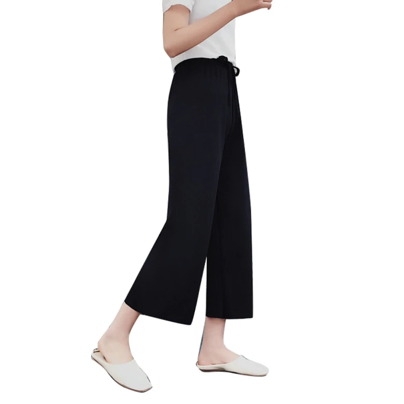 2019 Ladies Drawstring Stretch Knit Wide Leg Pants Women ...