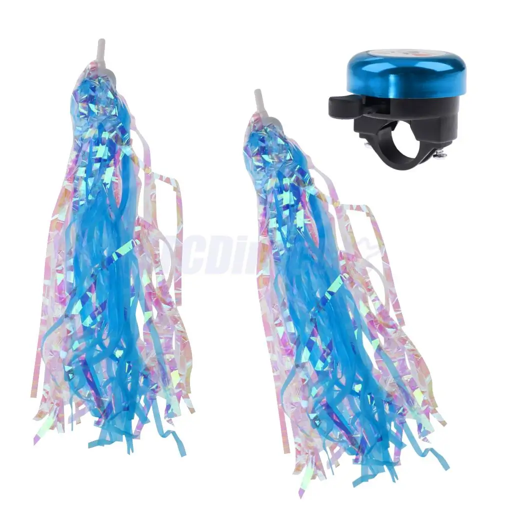 Bicycle Bike Trike Kids Girls Handlebar Sparkle Retro Streamers Tassels + Bicycle Ring Bell Alarm Horn Blue