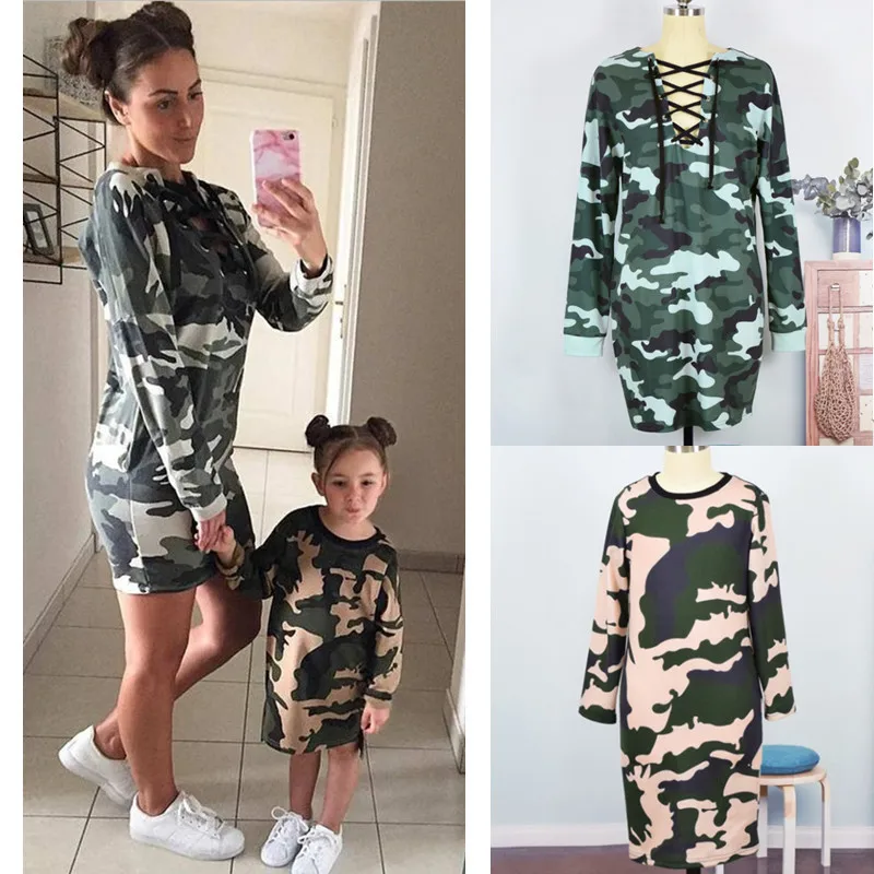 

Matching Mother Daughter Dress Long Sleeve Lace Up Casual Dress Mommy and Me Camouflage Costume Vestidos Family Look H0132