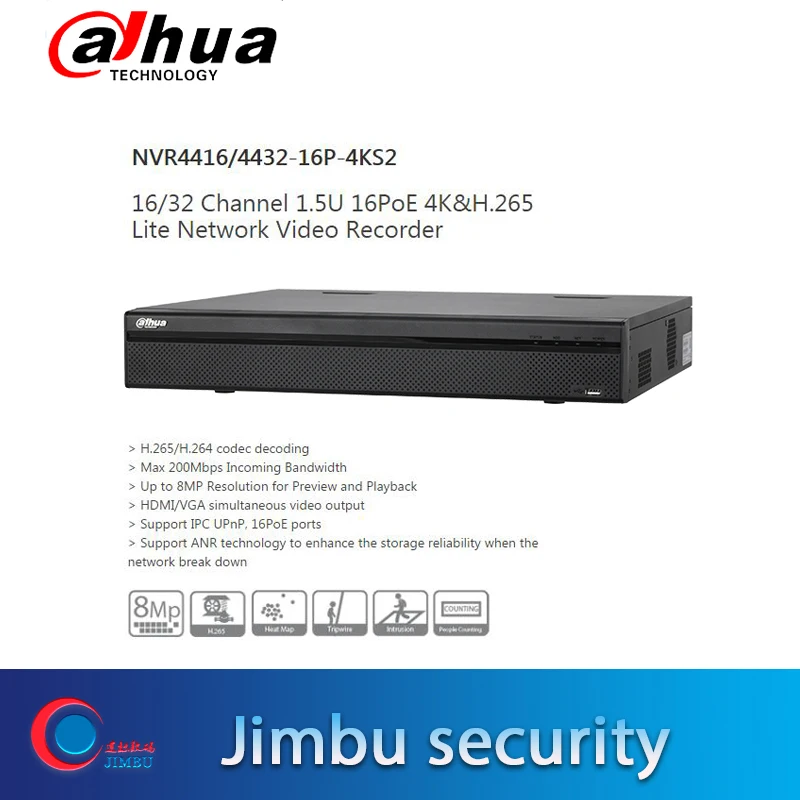 

Dahua NVR POE video recorder 16Ch 32CH NVR4416-16P-4KS2 NVR4432-16P-4KS2 1.5U H.265 H.264 16PoE ports 8MP Resolution Easy4ip