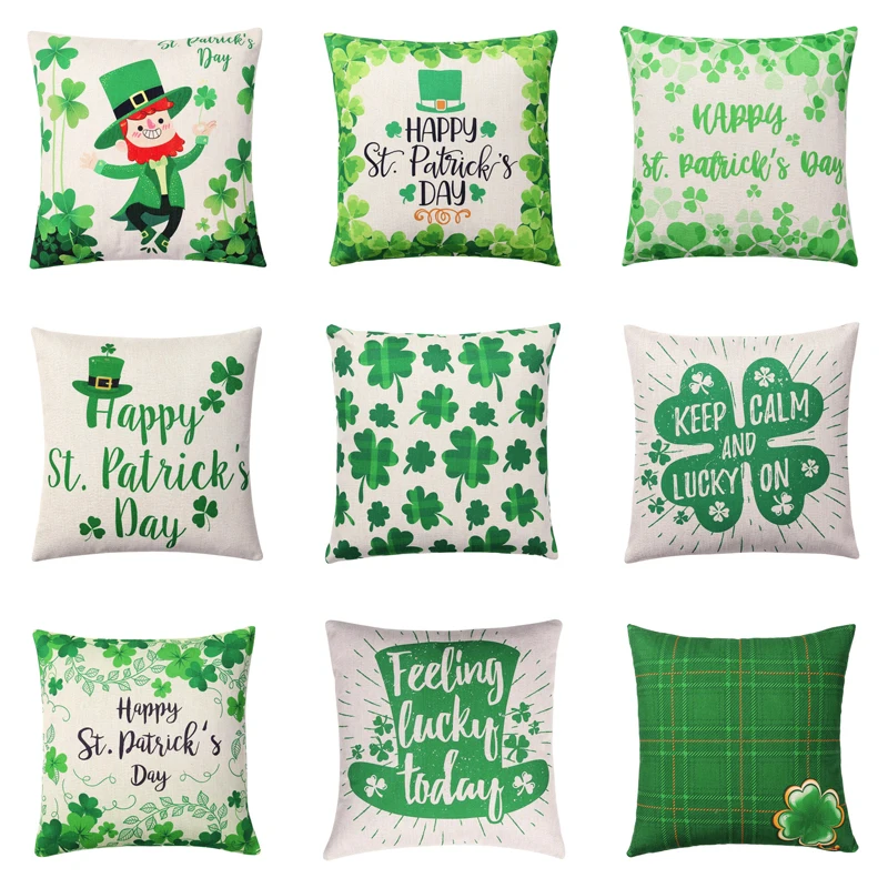 

Cushion Cover St. Patrick's Day Gifts Cotton Linen Green Throw Pillow Cover Letter Decorative Pillows Plaid Clover Plant Cojines