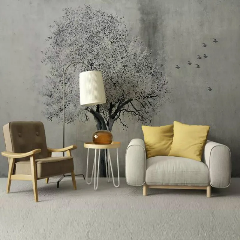 

home improvement 3d wall paper rolls waterproof silk wallpaper for walls 3d murals background Hand-painted tree birds retro