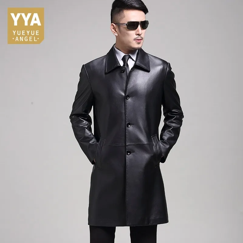 

Spring Autumn Fashion Single Breasted Business Casual Mens Genuine Leather Long Jacket Male Slim Fit Coat Trench Plus Size L-4XL
