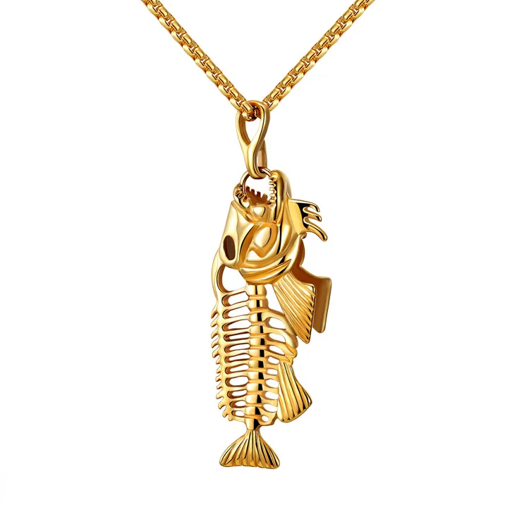 

Hip Hop Chain For Men Big Fish Bone Statement Pendant Necklaces Gold Color Stainless Steel Fishing Hippie Pop Jewelry