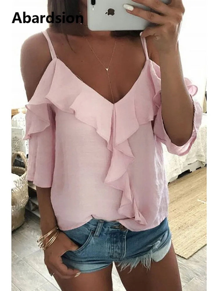 Abardsion Off Shoulder Top Blouse Women Half Sleeve Spaghetti Strap Ruffle Womens Tops And Blouses Summer 2019 White Shirt Blusa