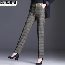 NBHUZEHUA F50, женские шерстяные штаны, 4XL, высокая талия, шерстяные, для офиса, клетчатые штаны, свободные, прямые, винтажные, размера плюс, брюки, 5XL, 7XL